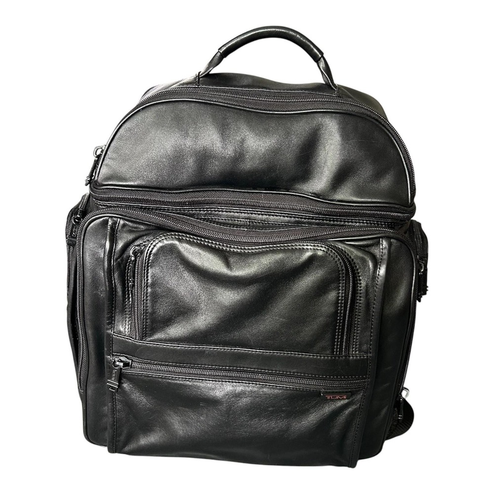 TUMI Black Leather Laptop Backpack Travel Business Organizer Expandable Bag